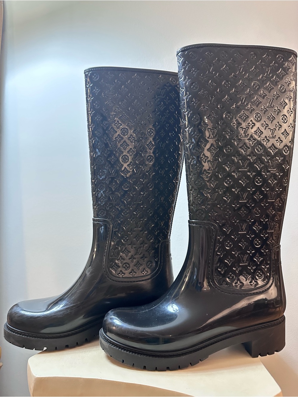 Louis Vuitton Black Monogram Embossed Rubber Rain Boots Size 36